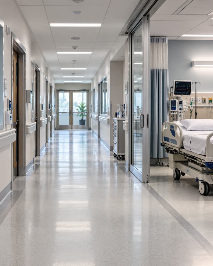 Hospital corridor opening onto a patient room with monitoring equipment